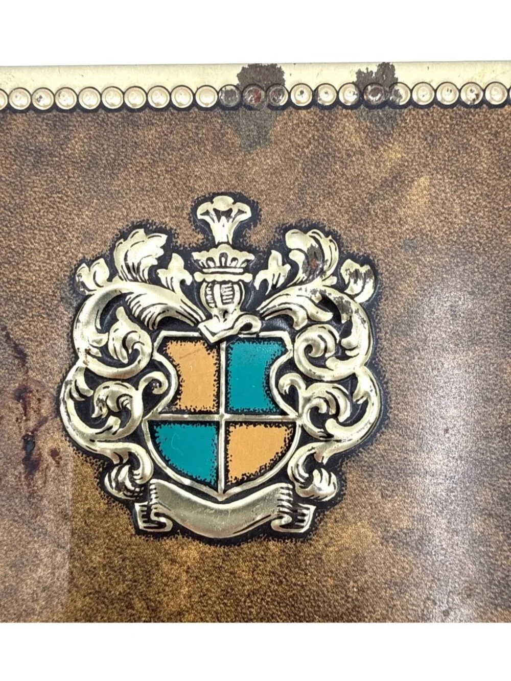 Vtg Ornate Metal Jewelry Box Crest Design Gold & Silver Tones Footed Base